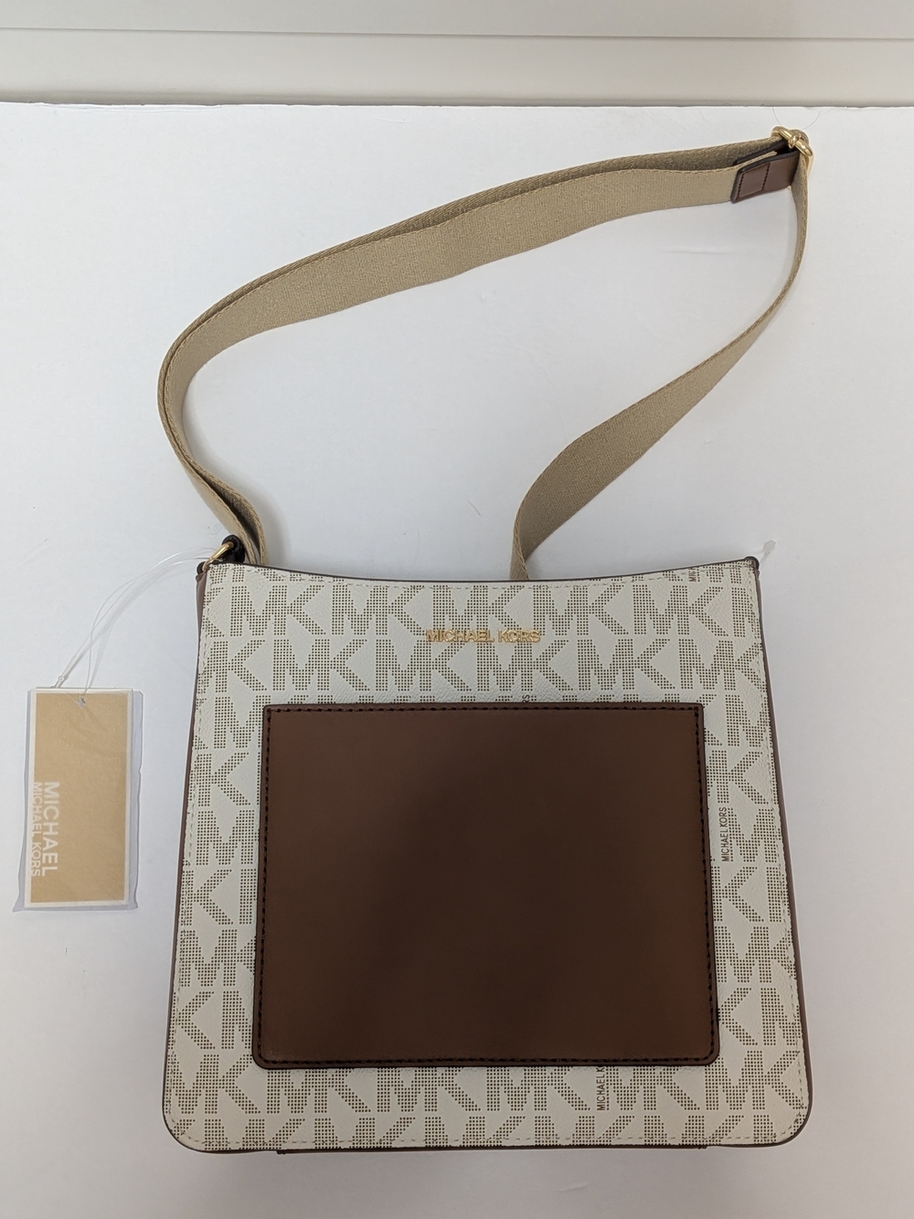 MICHAEL Michael Kors White Logo Canvas Crossbody with Brown Front Pocket